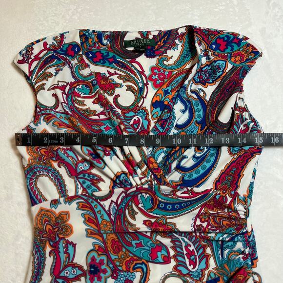 Lauren Ralph Lauren V-Neck Cap Sleeve Paisley Print Ruched Sheath Dress Size 2 - Picture 10 of 11